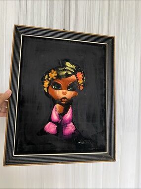 MCM Retro Paint on Black Velvet Crying Baby Signed